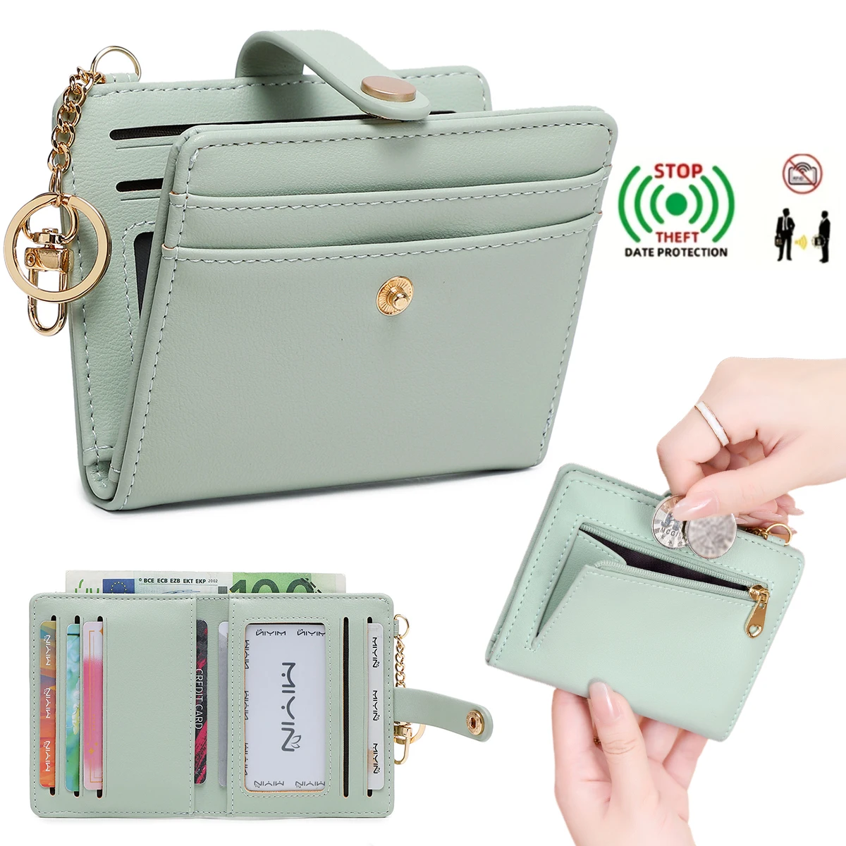 Ultra-Thin RFID Blocking Double Fold Credit Card Wallet for Women with Multiple Card Slots & Keychain, Functional Coin Purse