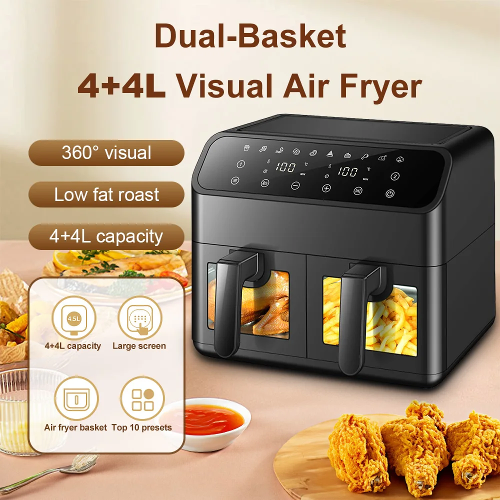 Electric Dual-pot Air Fryer With Viewing Window Digital Touchscreen Multifunctional 4L Double-pan 360°Baking Home Air Fryer