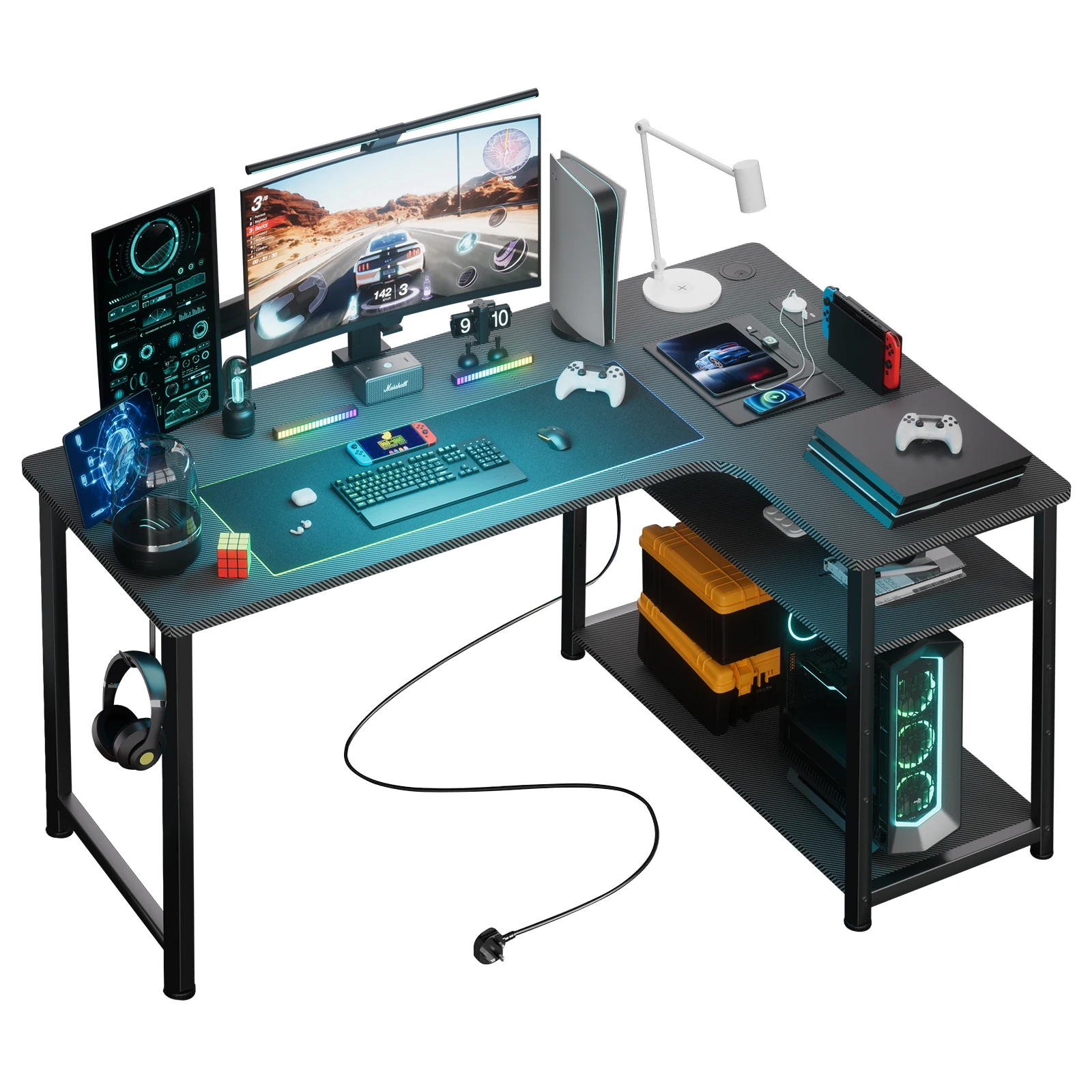 COMHOMA L Shaped Gaming Desk with Power Outlets Corner Computer Desk with Shelves Headphone Hook PC Table Workstation