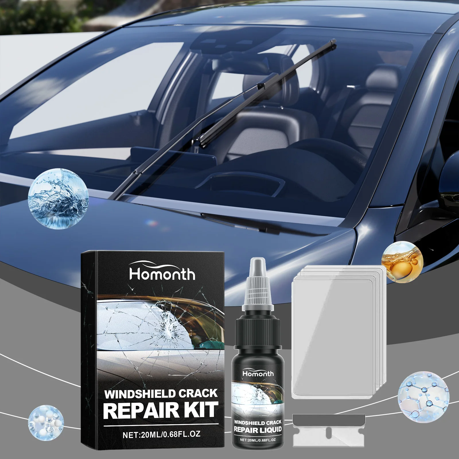Homonth 20ml Car Glass Repair Set Lasting Windshield Crack Repair Brightening Windshield Fluid Glass Scratch Crack Restore Agent