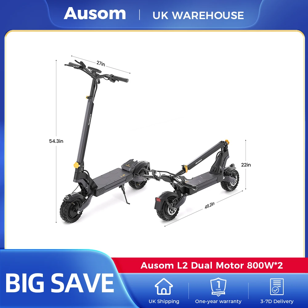 Ausom L2 Dual Motor UK Plug 48V 15.6Ah 800W*2 E-Scooter 55 km/h Max Speed, 70km Max Range 15.6Ah 48V Dual Disc Brakes,130kg Load