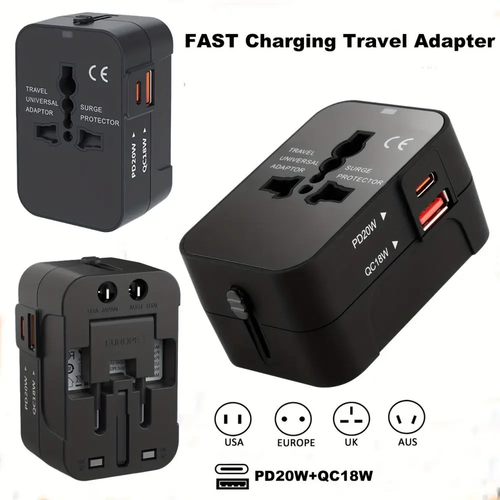 Universal Travel Adapter International All in One PD20W & QC18W Power Plug Wall Charger USB C Charging Ports for USA EU UK AU