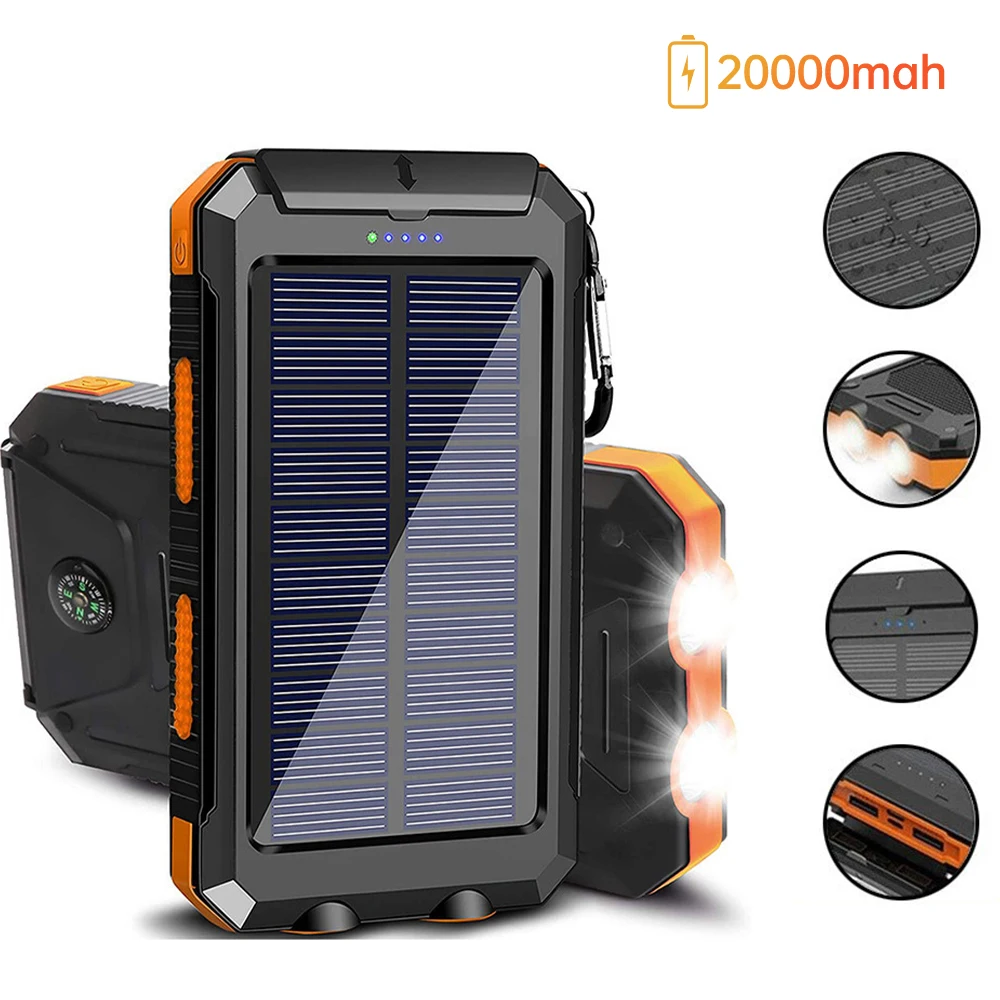 Portable Solar Power Bank 20000mAh Quick Charging Outdoor Phone Charger with Compass LED Flashlight For Mobile Phone Power Bank