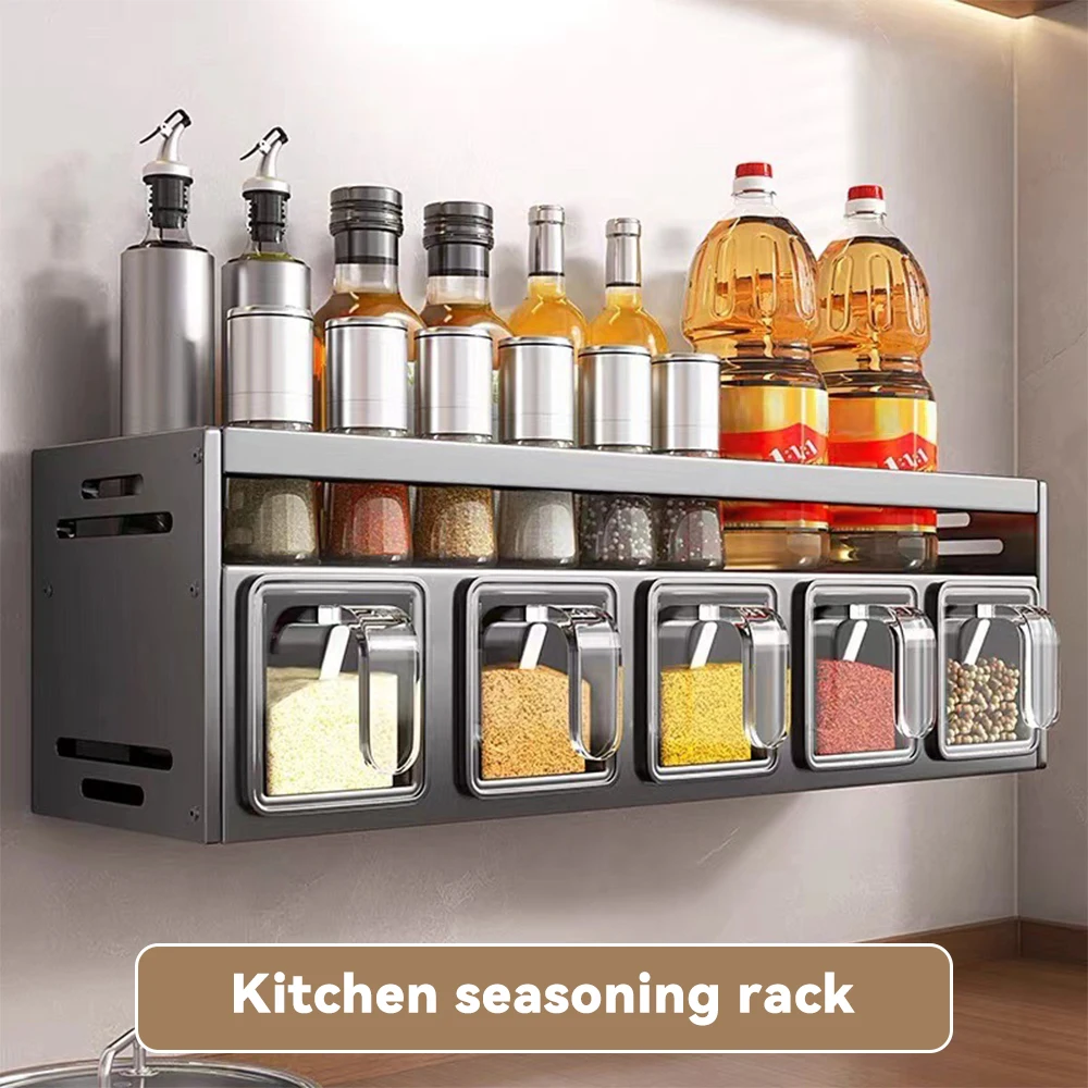 Kitchen Storage Rack Wall-mounted Spice Shelf Seasoning Utensils Organizer Holder No Punching Required Multifunctional Home Rack
