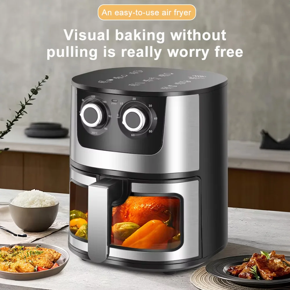 1700W Stainless Steel Intelligent Visual Air Fryer 7L Household Mechanical Knob Control Oven Touch Kitchen Appliance