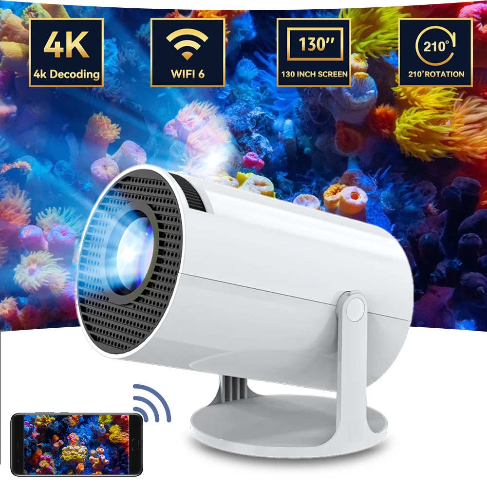 Portable Wireless Dual Band Wifi6 Projector HY300 4K Android11.0 130ANSI Smartphone Projector Home Cinema Outdoor Projector