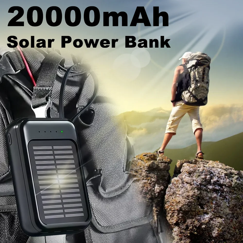 20000mAh Solar Power Bank with Flashlight Outdoor Portable Charger 4 Outputs LED Lights for Camping Emergency