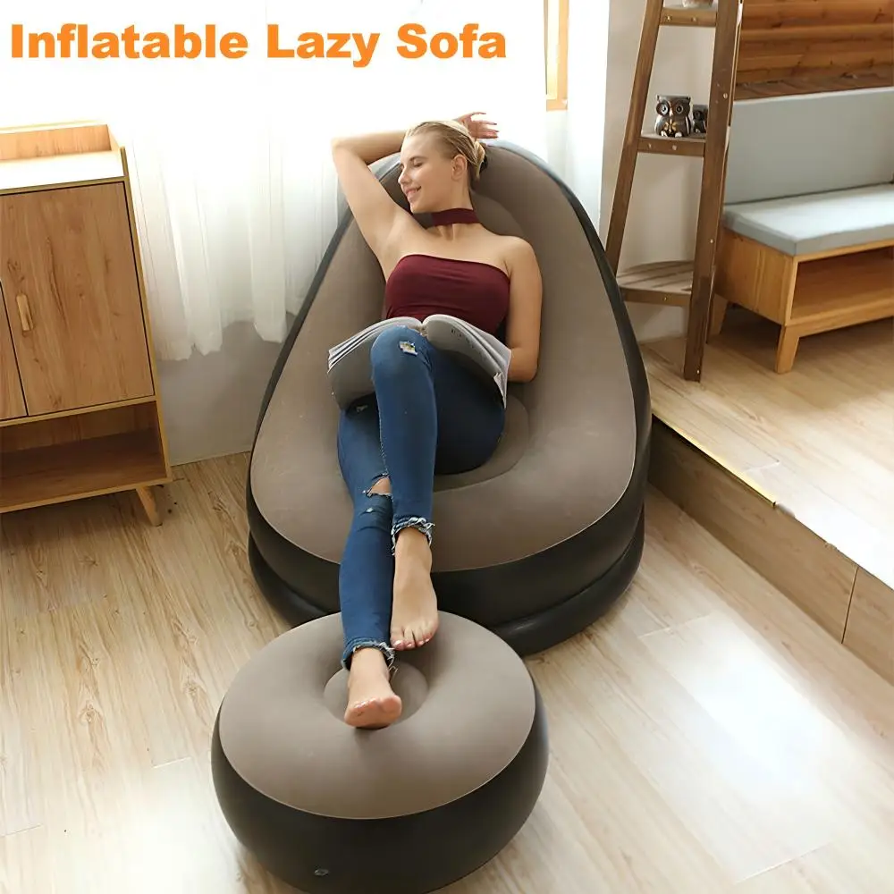 Inflatable Lazy Sofa Chair PVC Flocking Foldable Sofa With Footstool Air Bed Outdoor Garden Portable Lunch Lounge Chair Set