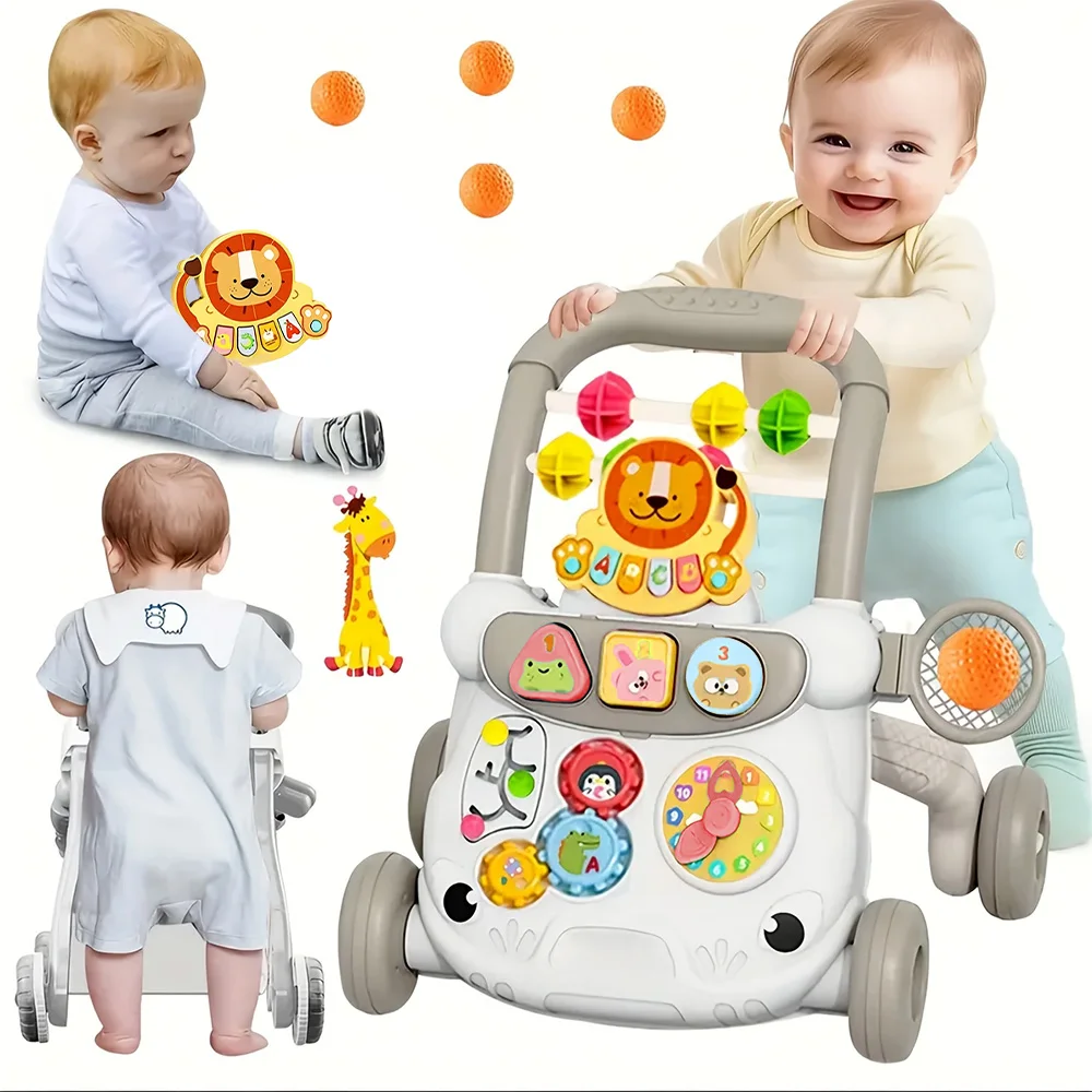 Baby Walker Trolley Cute Lion Early Educational Learning Walking Pushing Wheel with Anti-Tip Design Learning Walking Aid