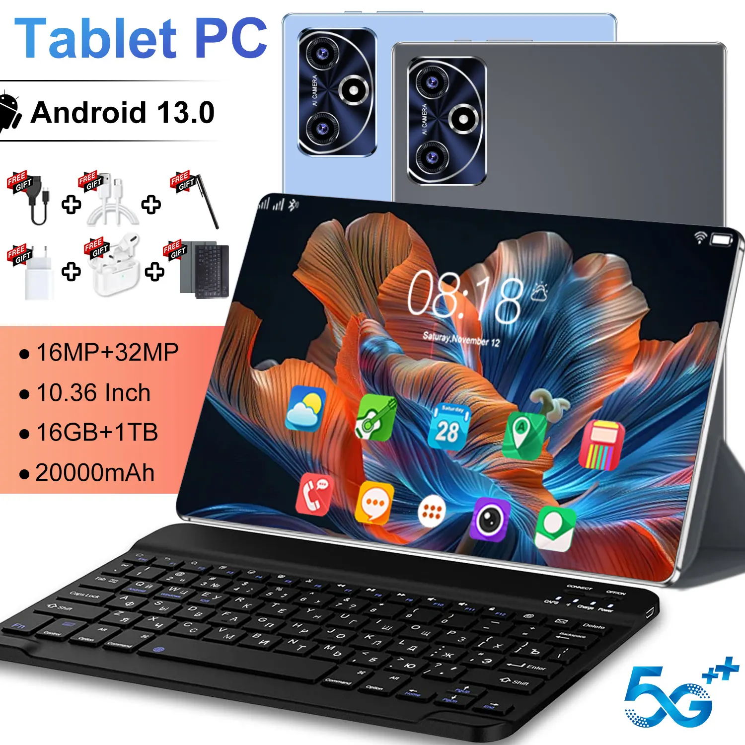 20000mAh 14 Core Global Tablet 10.36" HD 16MP+32MP Camera 5G Dual SIM Android 13 16GB+1TB GPS WPS Office Tablet PC