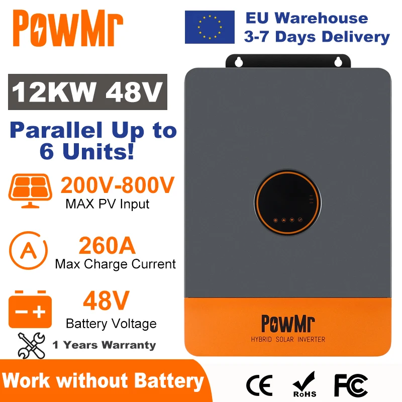 PowMr 12KW Hybrid Solar Inverter 48V 220V 3 Phase Inverter On Off Grid Dual MPPT Output with MPPT 260A Charger Parallel Up to 6