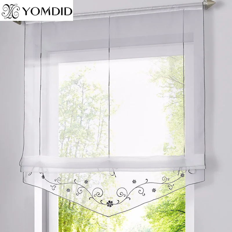 Embroidered Roman Curtain Floral Printing Sheer Window Curtains For Kitchen Living Room Voile Screening Panel With Ribbon Belts