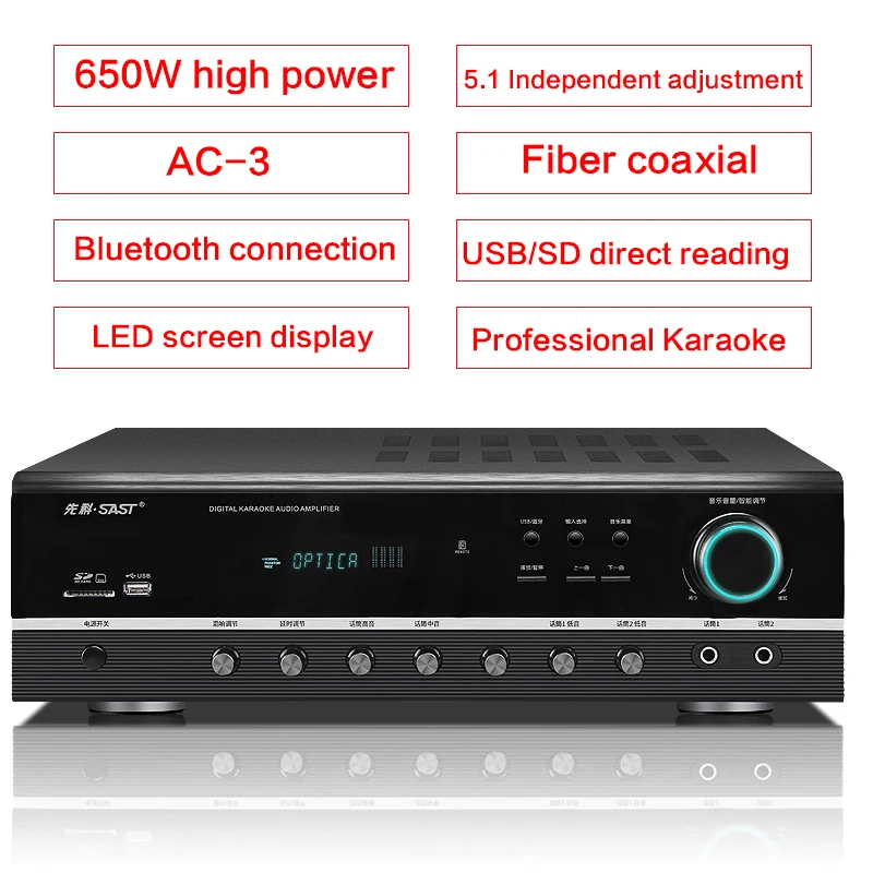 650W 5.1 Power Amplifier Home Theater Heavy Bass HiFi Independent Adjustment Power Amplifier Fiber Coaxial Lossless Decoding