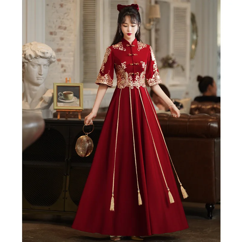 Burgundy Bride Wedding Party Dress Women's Cheongsam Chinese Style Elegant Long Qipao Sexy Satin Slim Gowns Vestidos XS-XXXL