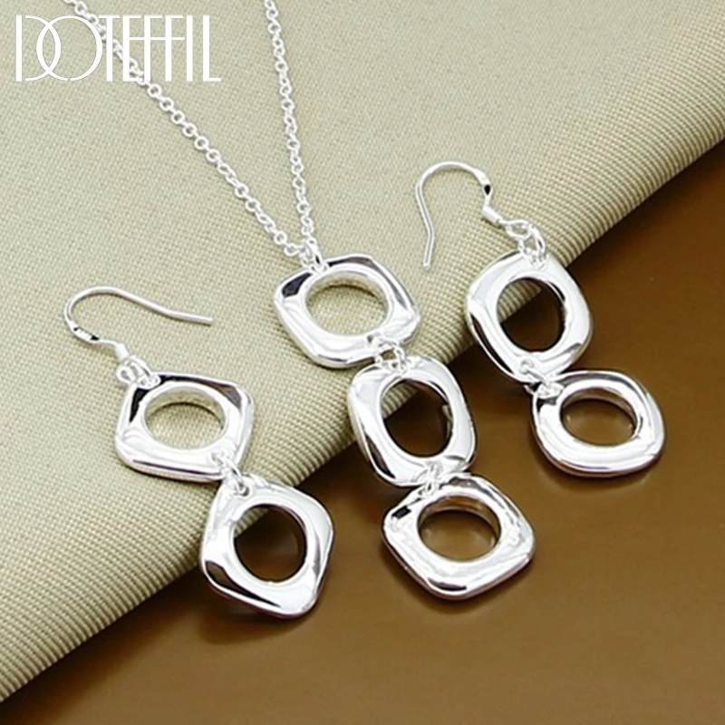 DOTEFFIL 925 Sterling Silver Round Square Necklace Earring Set For Woman Wedding Engagement Party Fashion Charm Jewelry