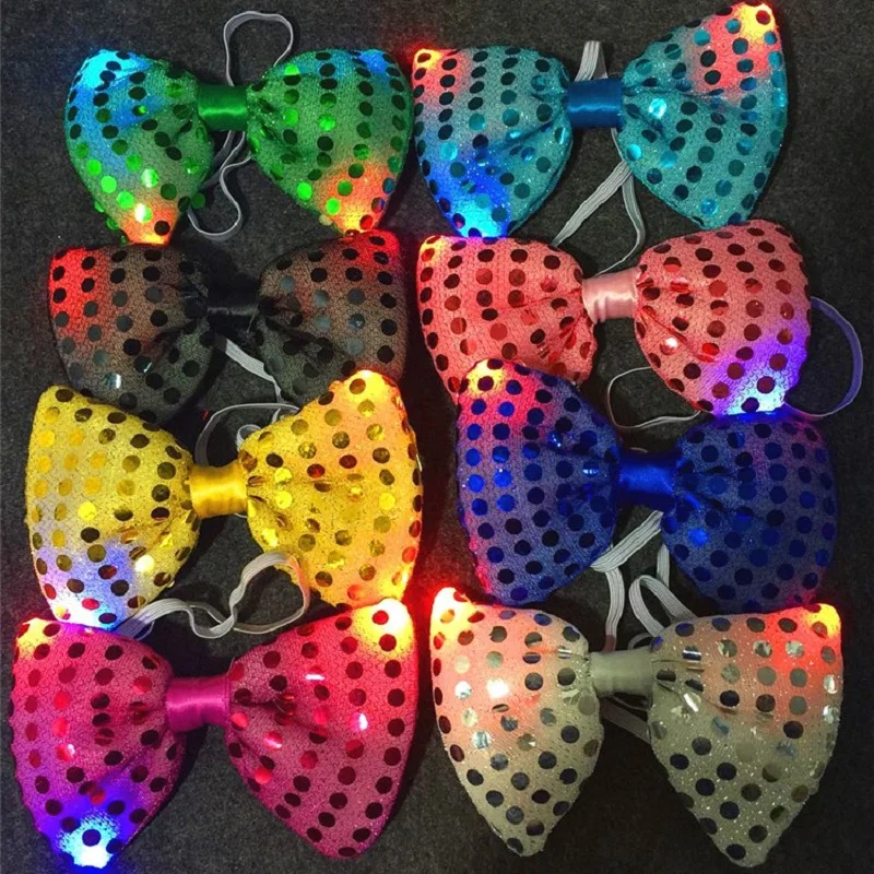 10 pieces Mens Bow ties LED Flashing Light Up Sequin Boys Necktie Club Christmas Party Women Tie Gift