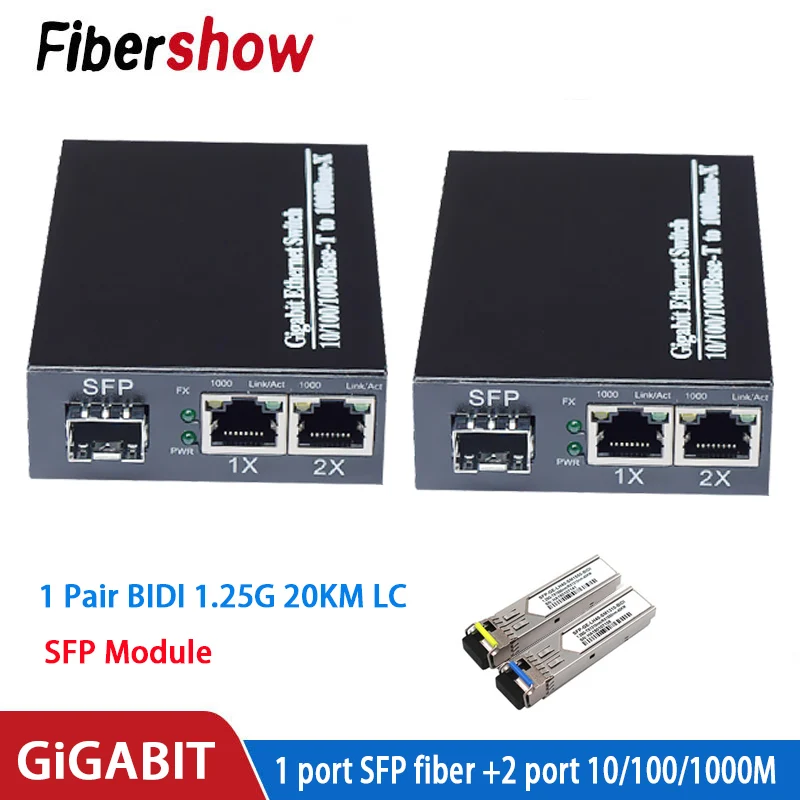 Gigabit media converter 1 port sfp to 2 rj45 gigabit optical fiber GPOn/Epon OLT ethernet for ip camera 10/100/1000M