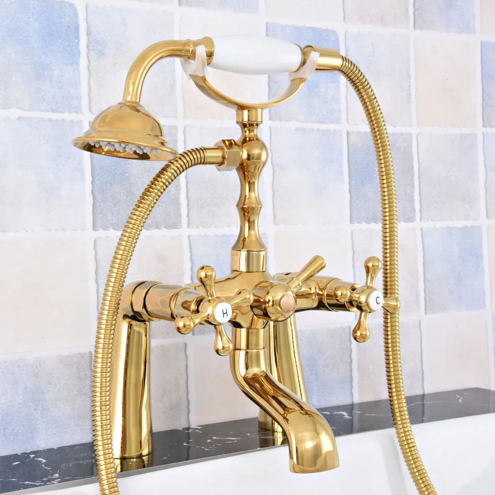 Bathtub Faucets Luxury Gold Brass Bathtub Shower Faucet Deck Mount Bath Shower Mixer Tap Swivel Tub Spout with Hand Shower