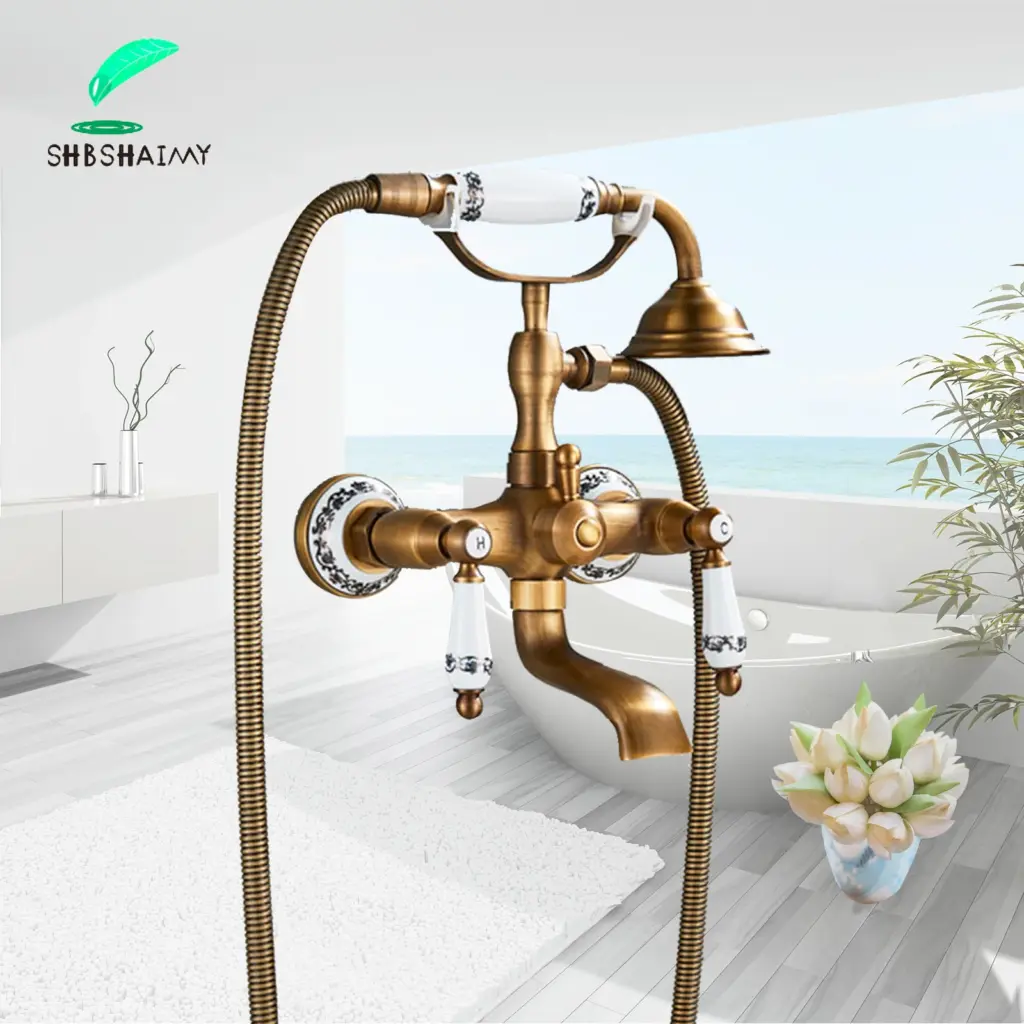 Antique Brass Bathroom/Bathtub Faucet Wall Mounted Chinese Traditional Faucet Dual Handles Swive Spout Hot and Cold Mixer Tap