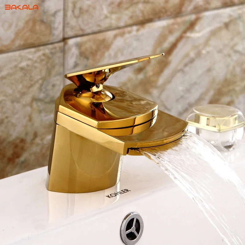 BAKALA Toad All Brass Golden/Chrome Finished/Nickle Brushed Taps Deck Mounted Basin waterfall Faucet Mixer Sink Tap LH-8031