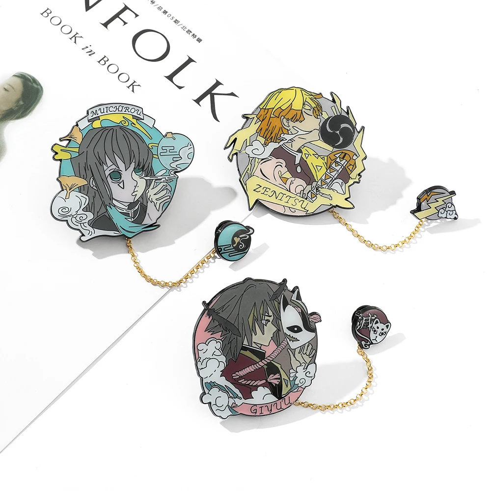 Demon Slayer Kimetsu No Yaiba Badges Agatsuma Zenitsu Tomioka Giyuu Metal Brooches Anime Enamel Lapel Pins for Backpack