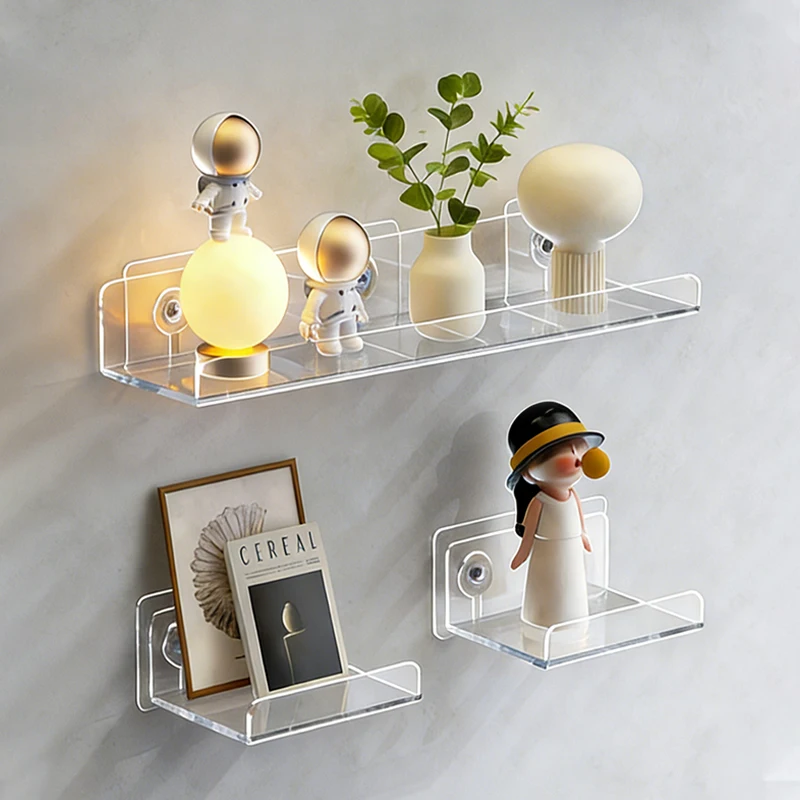 Floating Acrylic Shelf No Drilling Adhesive Organizer Wall Mounted Collectible Blind Box Mini Decor Books CD Home Office Storage