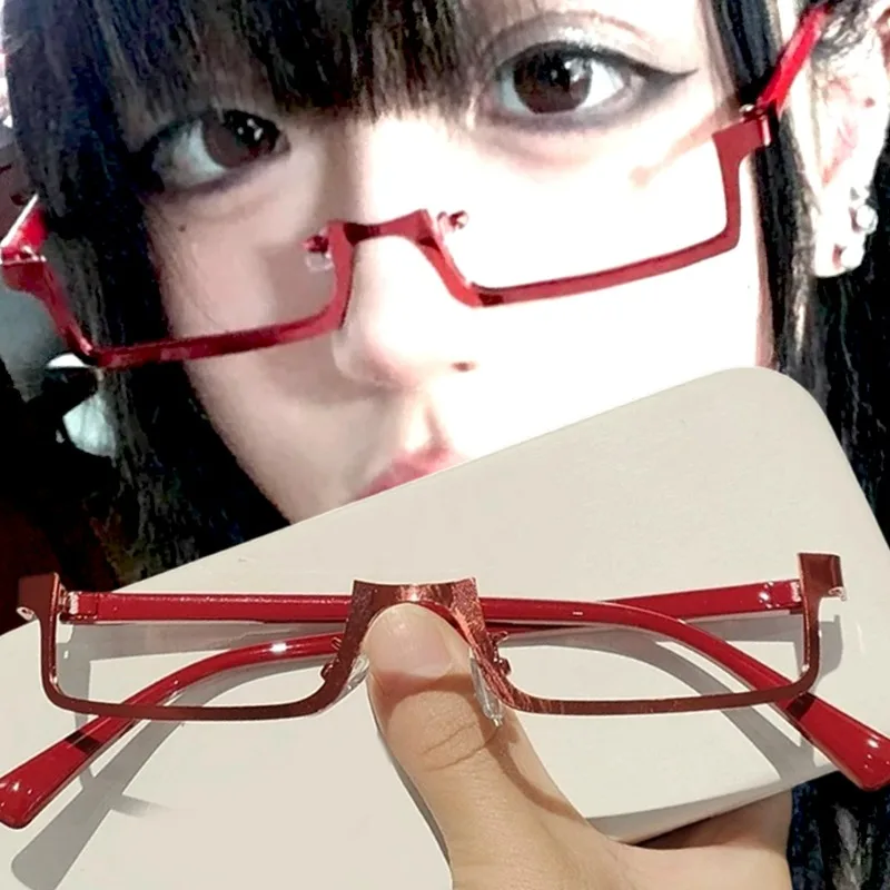 1/2Pcs Y2k Japanese Half-Frame Glasses Women Cosplay Red Black INS Vintage Metal Square No Lense Decoration Eyeglasses Frame