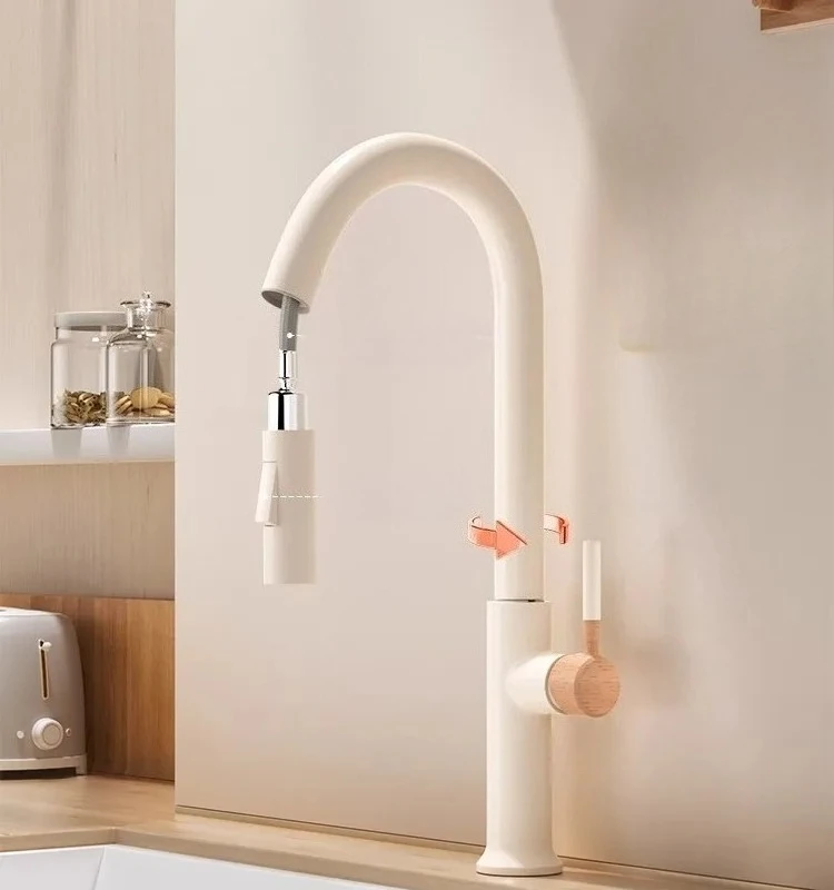 Wooden cream pull-out hot and cold all copper faucet, kitchen retractable rotating vegetable washing sink faucet