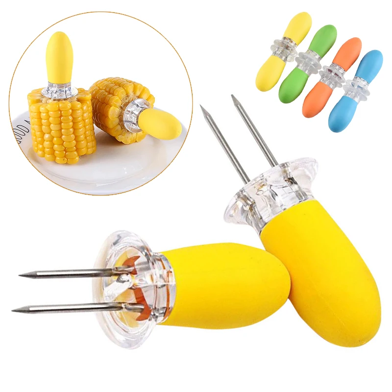 4 Pairs Stainless Steel Corn Forks Holder BBQ Prongs Skewers Fork Hot Dog Fruits Corn on The Cob Fork Kitchen Gadget BBQ Tools