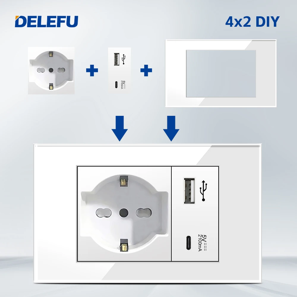DELEFU Italian Socket DIY Whiteboard USB Type C Doorbell Switch 45A 20A Curtain Phone CAT5 TV HDMI SAT Smart White