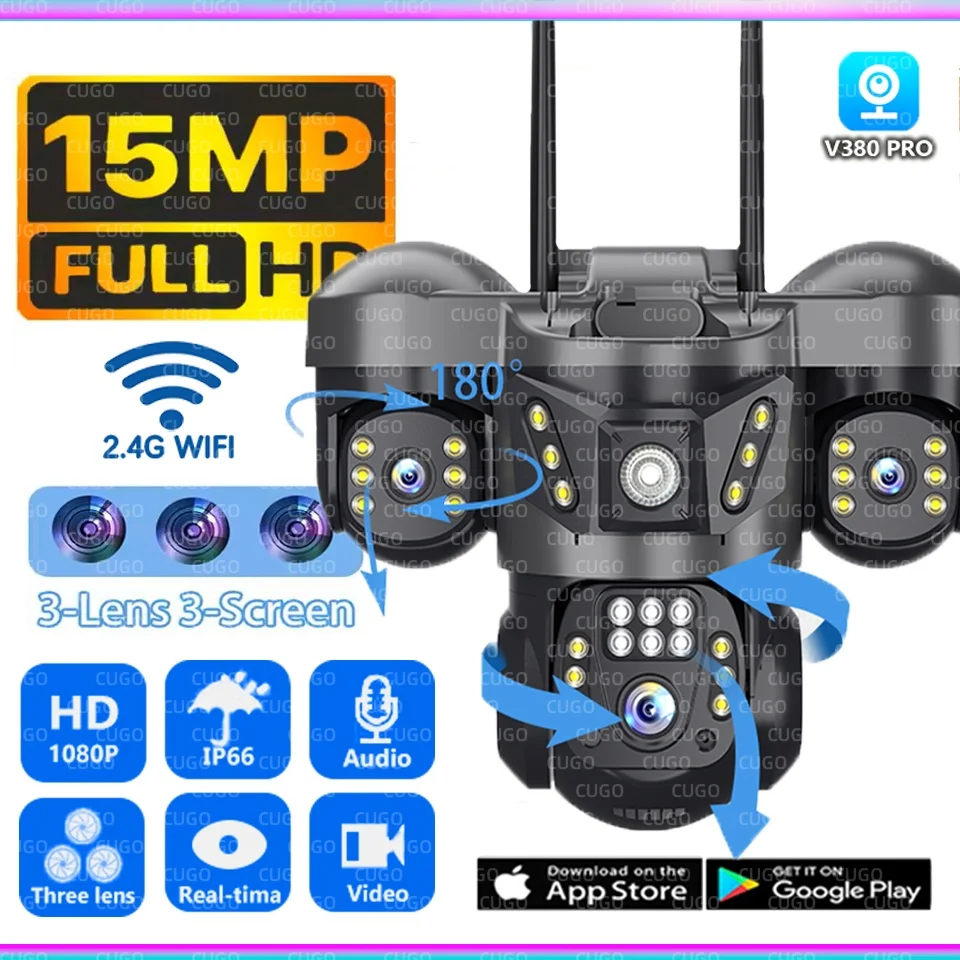 15MP 8K WIFI IP Camera 10X Zoom Triple Lens Outdoor Triple Screen PTZ Cam Waterproof CCTV Auto Tracking Security Surveillance