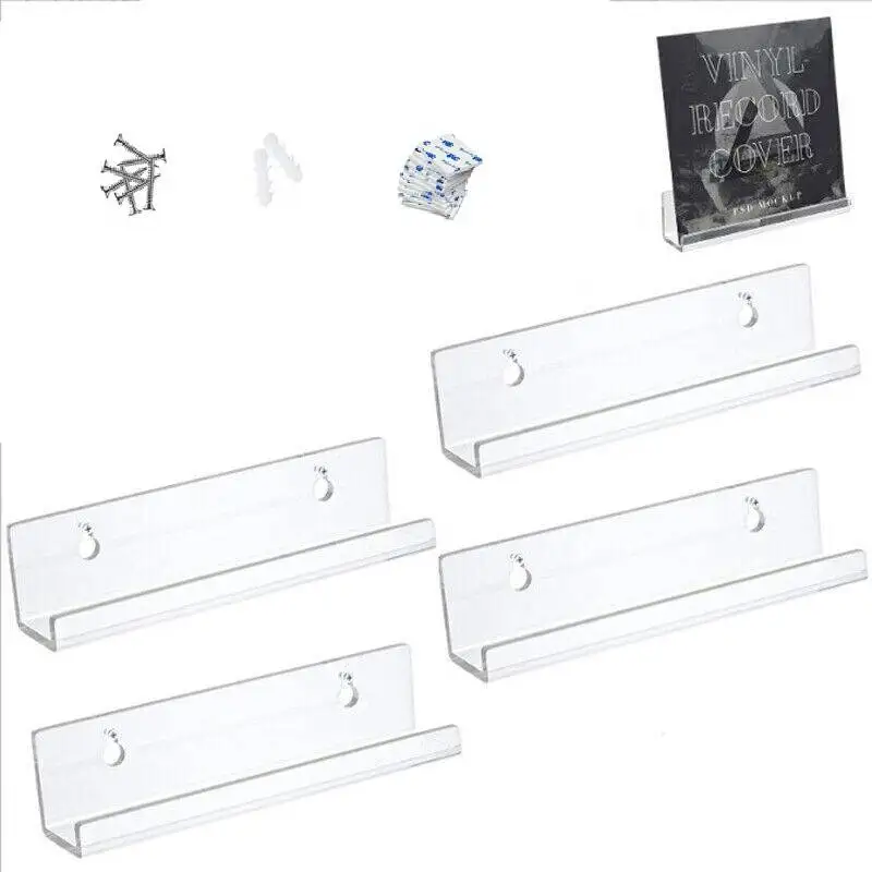 4pc Vinyl Record Shelf Wall Mount 4/7/12 Inch Acrylic Holder Floating Shelve Picture Display Shelf for Wall Album Covers CD Book