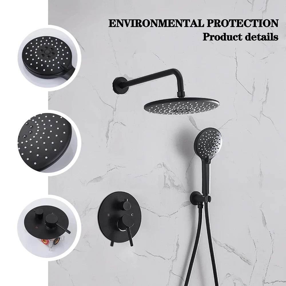 Black Concealed Shower System Rain Waterfall Bathroom Embedded Shower Faucet Set with Tub Spout