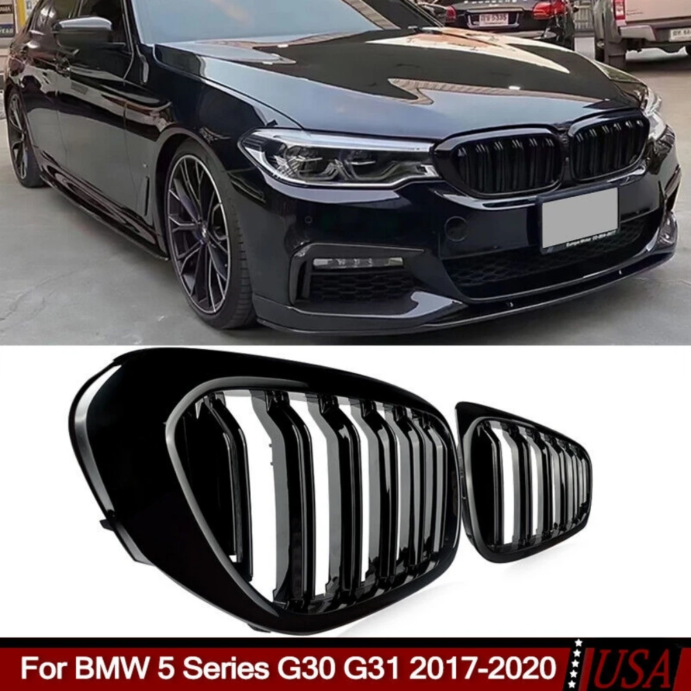 Car Front Bumper Racing Grille For BMW 5 Series G30 G31 520i 530i 540i M5 2017-2020 Double Slat Kidney Grill Glossy Black Grille