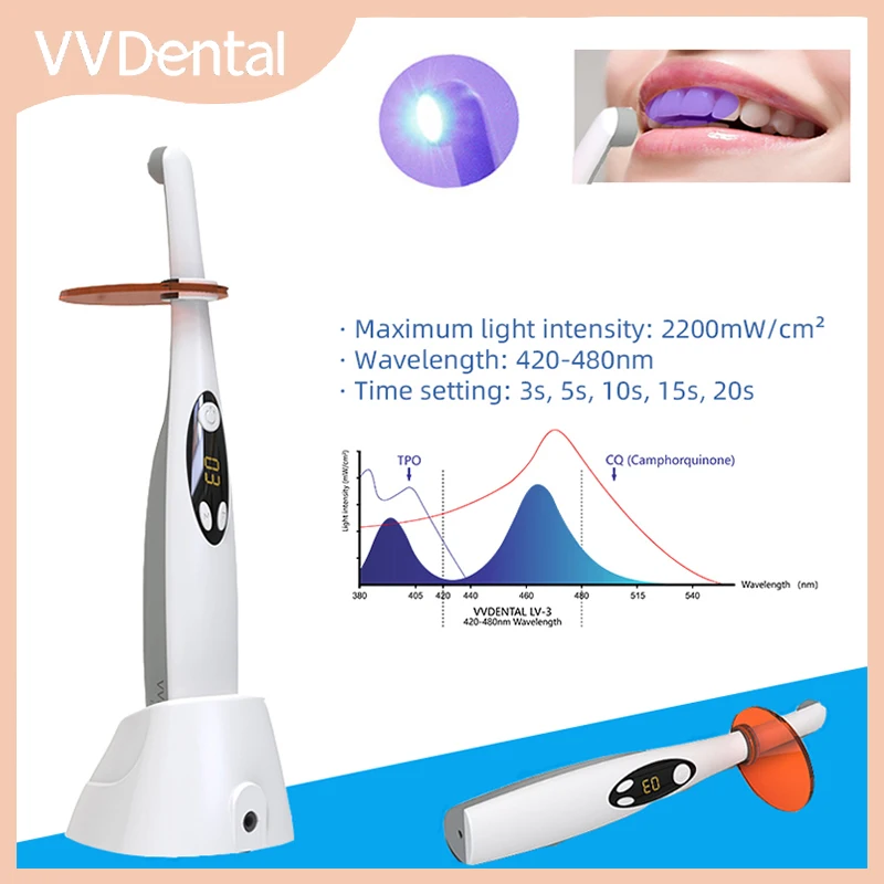 VVDental Wireless LED Curing Light Cordless 3 Second Cure Lamp 1000-2200mw/cm² 2 Modes Adjustable Photopolymerizer Dental Tools