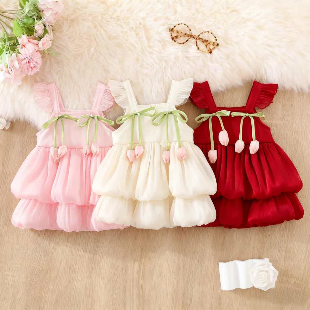 Baby Girl Dress Summer Solid Color Flower Small Fly Sleeve Girl Dress Cute Bow Baby Princess Dress Baby Girl Clothes ﻿