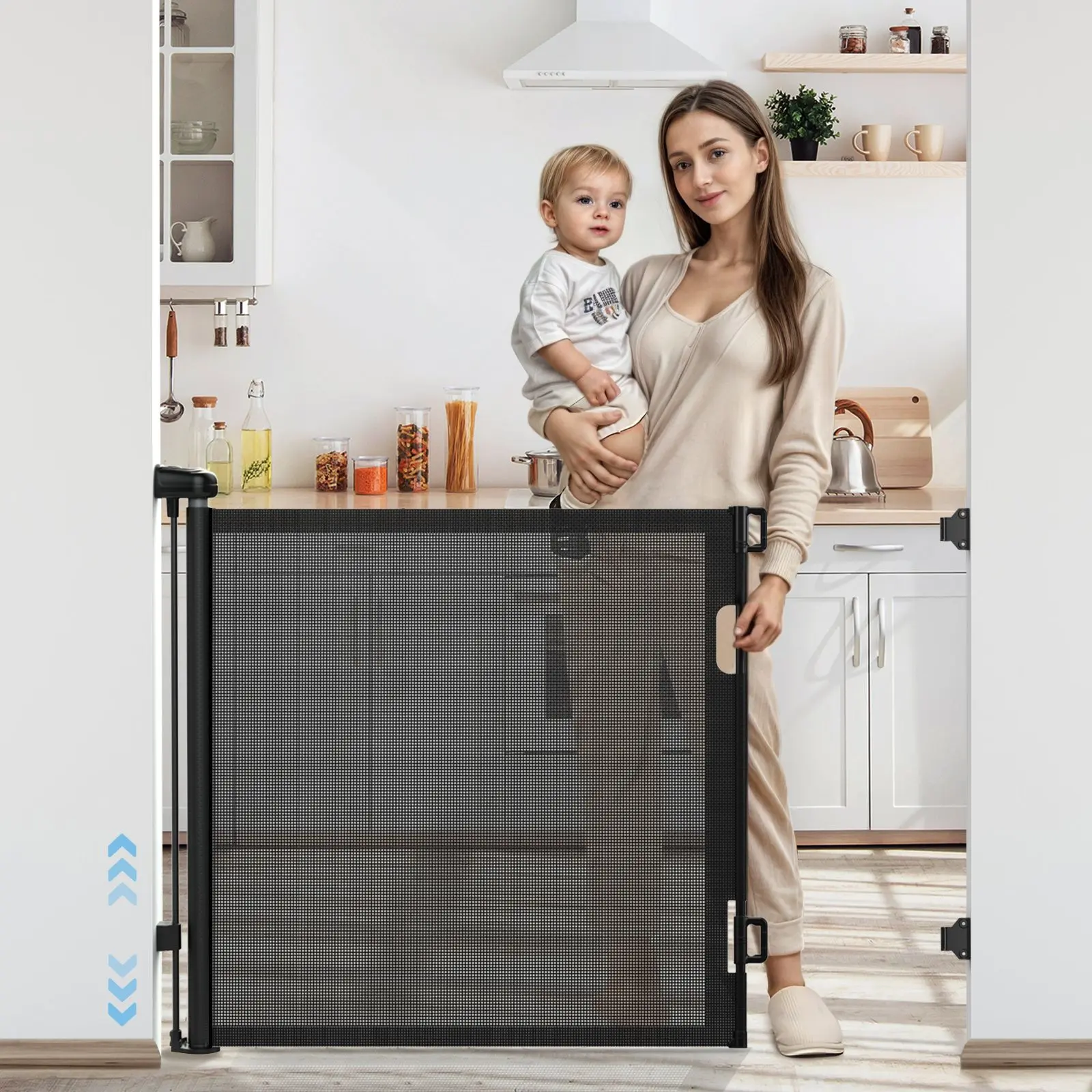 Retractable Baby Gate Mesh Baby Gate or Pet Gate 33" Tall Extendable up to 55" Wide Retractable door - Black 33*55in