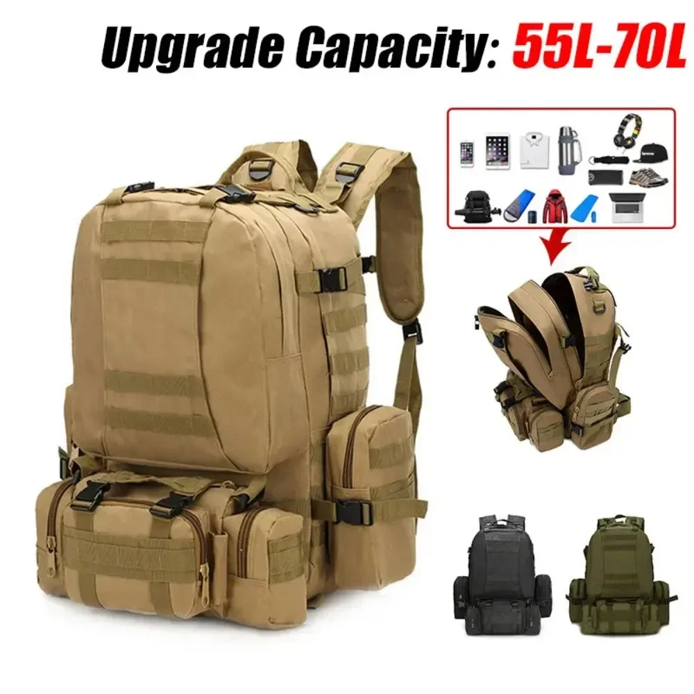 55L Large Capacity Military Tactical Backpack, 4-in-1 MOLLE Outdoor Hiking Trekking Climbing Sport Backpack for Travel Camping