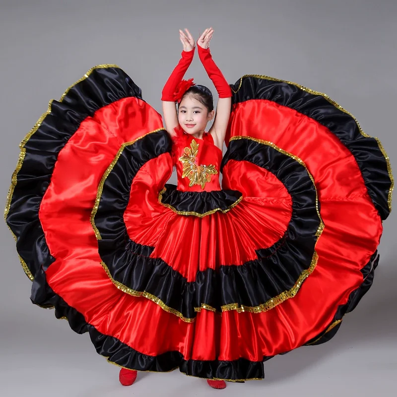 Girl Spanish Flamenco Dress Ballroom Swing Skirt for Child Performance Dance Dresses Costumes 360/540/720 Degree