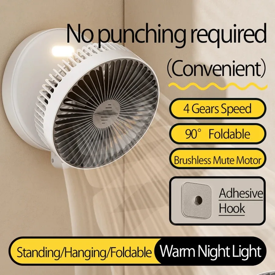 Foldable Desktop Fan Mini Wall-Mounted Fan With Warm Night Light Rechargeable 4 Gears Adjustable Portable Air Circulation Fan