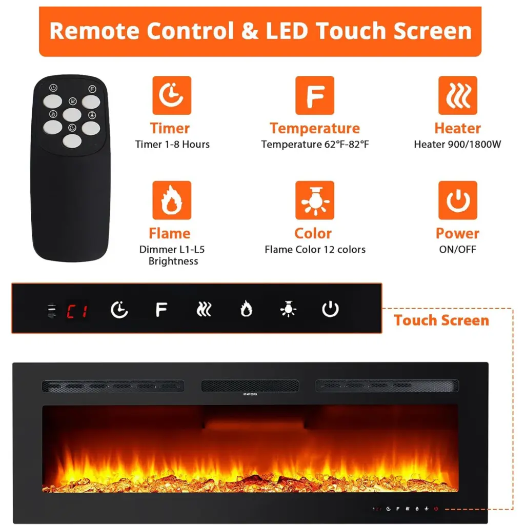 Electric Fireplace, 3 in 1 3D Wall-Mounted with 1800W Heating/12 Flame Effect LED Color Modes/Remote Control/Timer Up to 12h