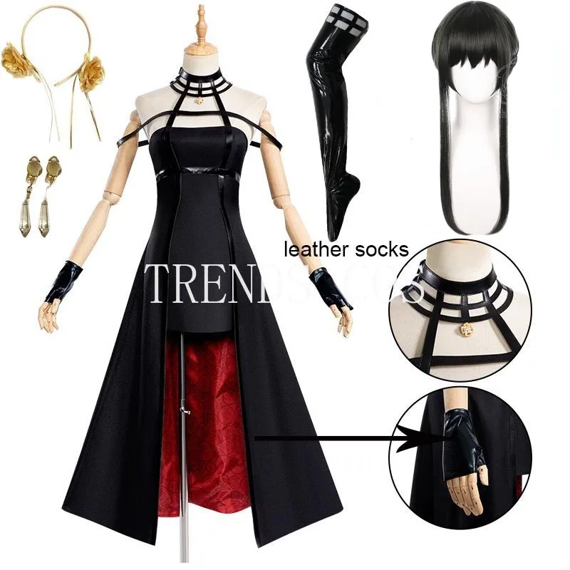 Yor Forger Cosplay costume Headband Elastic Thigh Stockings Tights Highs Wig Earrings Yor Forger dress full set for Comic Con