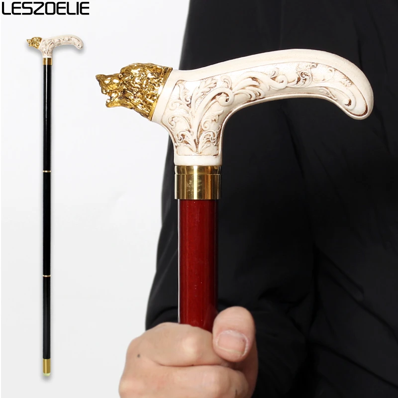 92cm Resin Handle Walking Cane with Gold Wolf-Head Design Red And Black Wooden German Beech Wood Stick for Men And Women