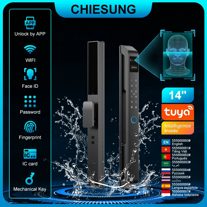 Tuya WiFi Electronic Smart Door Lock 3D Face Password Key Fingerprint Aluminum Glass Sliding Door waterproof outdoor