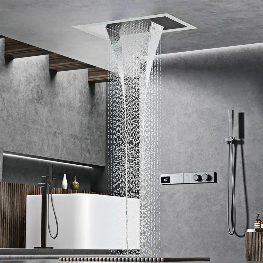 Luxury brass gun gray ceiling constant temperature shower system LED digital display hot and cold water embedded bathroom faucet
