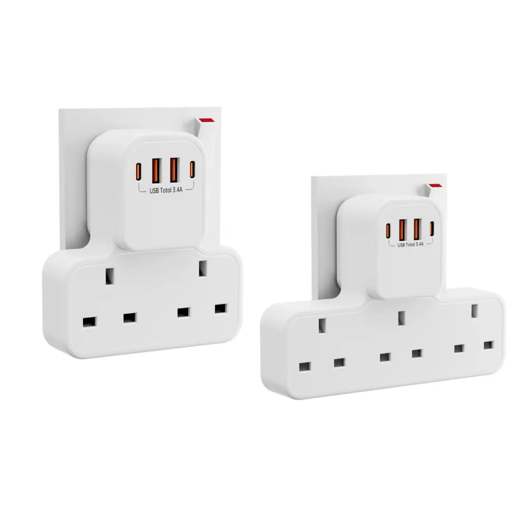 3250W Uk Ac Plug Power Strip Electrical Wall Mounted Outlet Multitap Network Filter with 2 Usb-A 2 Usb-C Charging Adapter