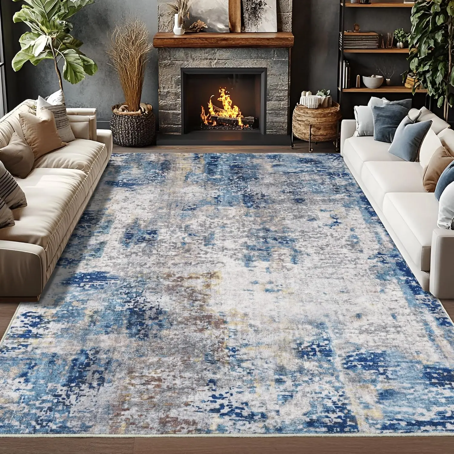 VIKAMA Modern Living Room Carpet Blue And White Gradient Texture Short Pile Anti Slip Easy To Clean Living Room Bedroom Carpet