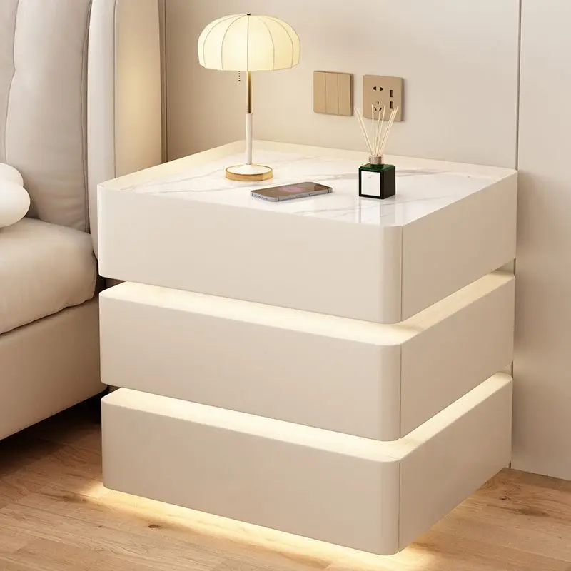 Suspended Bedside Table with Three Solid Wood Drawers and Wireless Charging Integrated Multifunctional Bedroom Bedside Cabinet