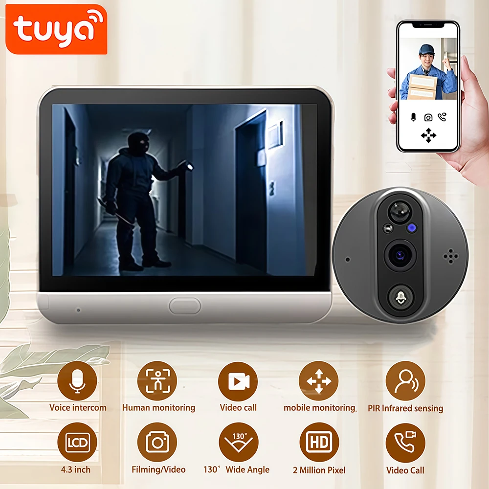 Tuya Peephole Doorbell Camera 3MP Security Smart Home 4.3 IPS Screen Night PIR WiFi Phone Wireless Digital Door Bell for Home