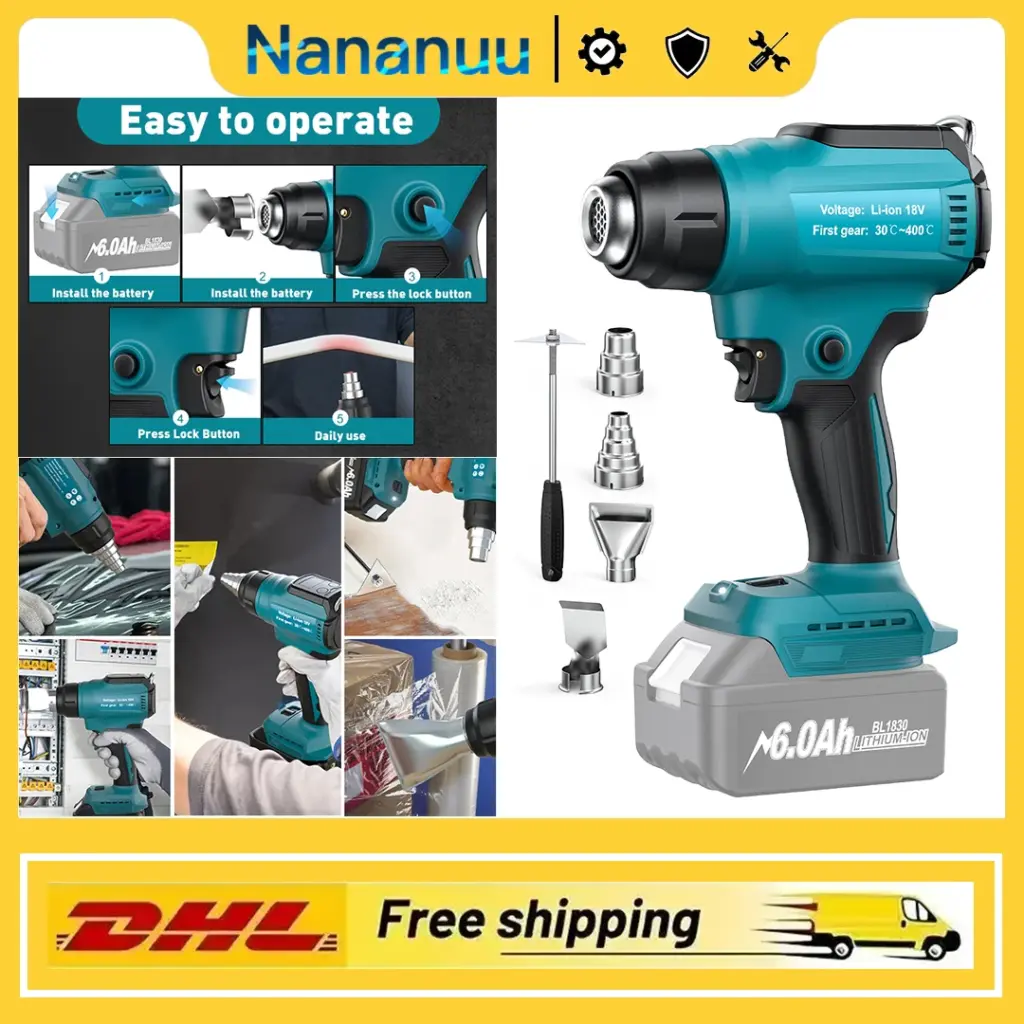 Nananuu Portable Cordless Heat Gun Shrink Wrapping Tool Hot Air Gun Air Dryer Soldering Thermal Blower Adjustable Fast Heating